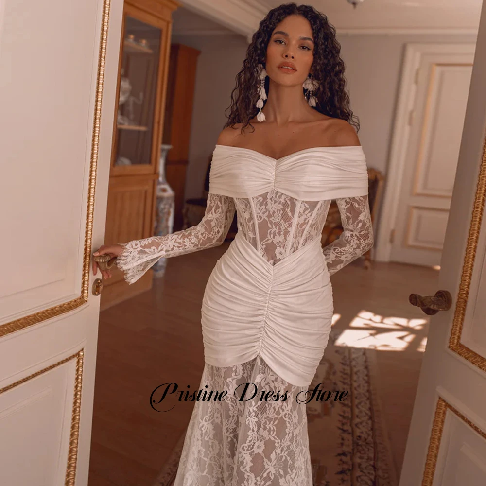 Элегантное кружевное свадебное платье русалки, женское свадебное платье с открытыми плечами и шлейфом, индивидуальное плиссированное сексуальное свадебное платье без бретелек
