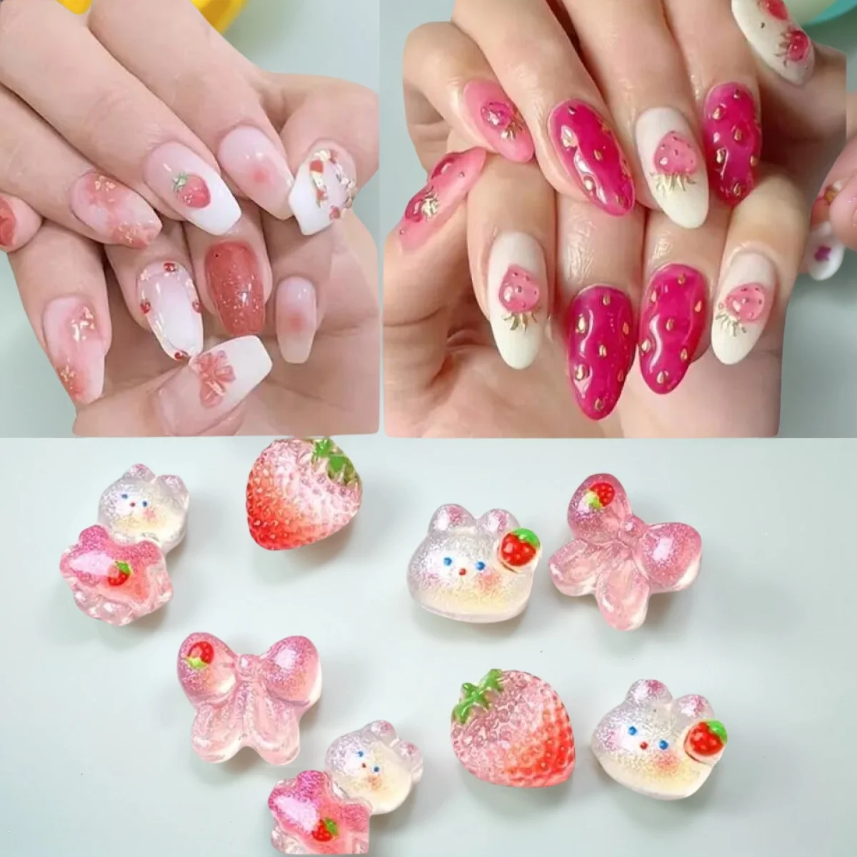 50Pcs 혼합 만화 딸기/토끼/나비 네일 참 플랫 백 수지 딸기 네일 장식 DIY Sweet Girl Bunny Nail Parts