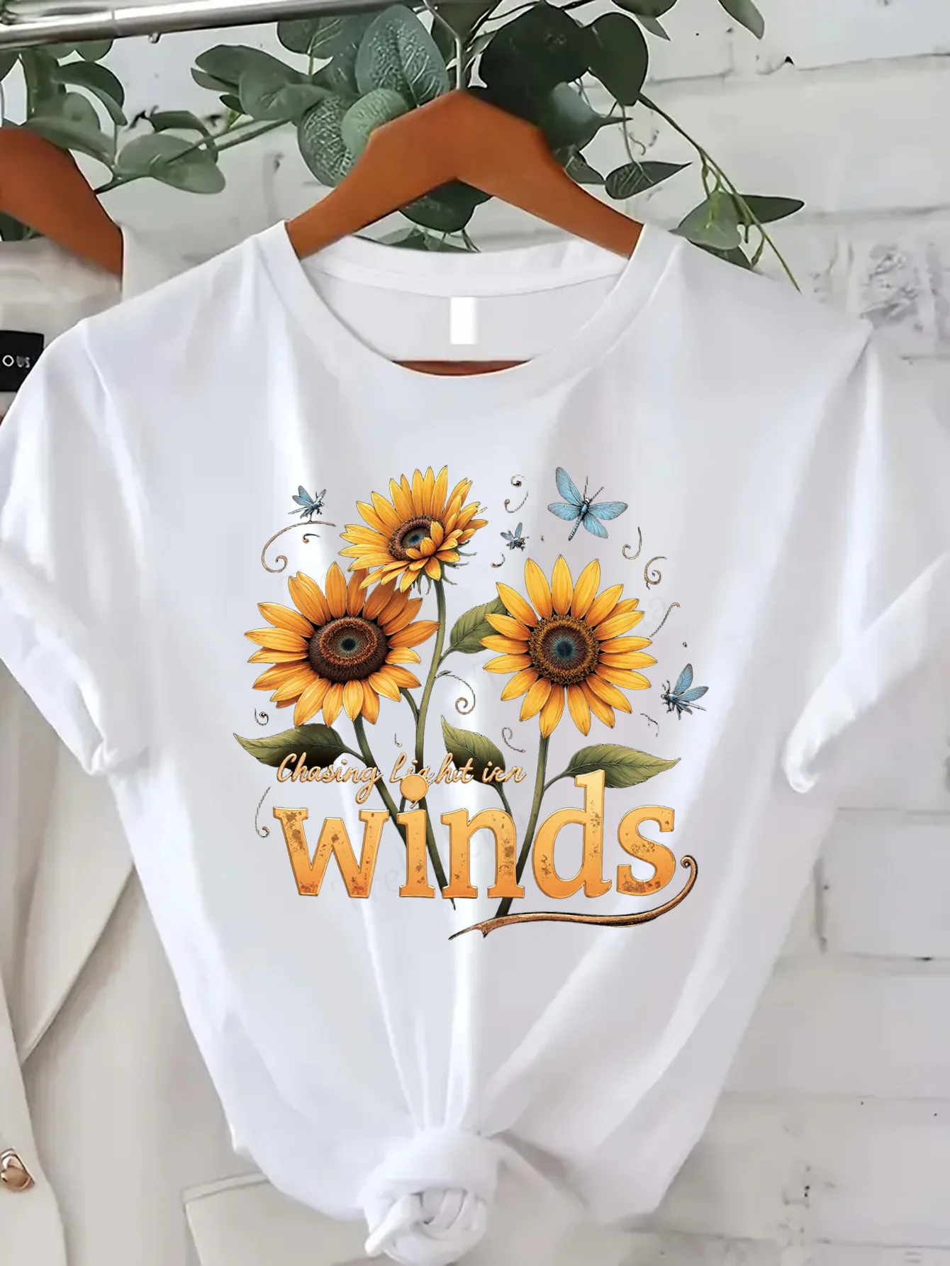 

Comfortable Women's Print T-shirt Sunflower & Dragonfly Print T-Shirt - Chasing Light in Winds Style