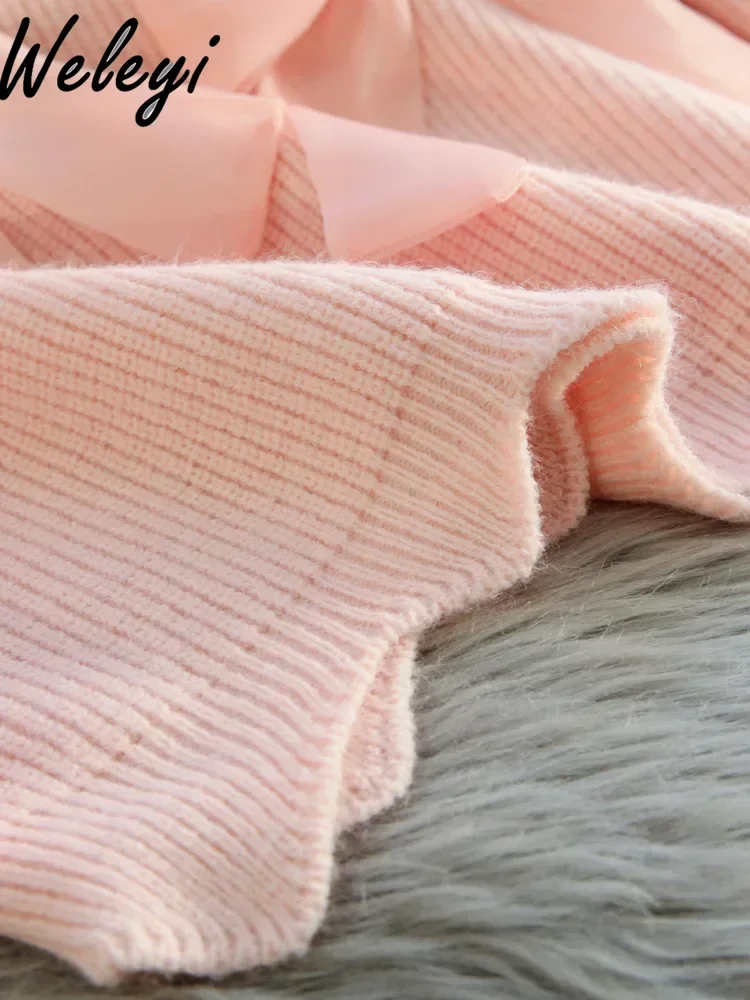 Sanfte Frau Puppe Kragen Bogen Rosa Pullover Warme Tops frauen Herbst und Winter 2024 Neue Süße Lose Lange hülse Bögen Gestrickte Top