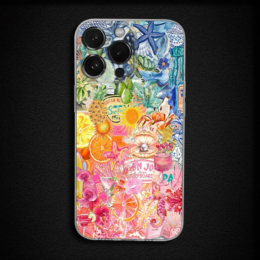 iPhone 16,15,14,13,12,11 Plus,Pro,Max,XR,XS,X,Plus,SE,Mini 투명 소프트 커버용 해변 풍경 와인 레몬 전화 케이스