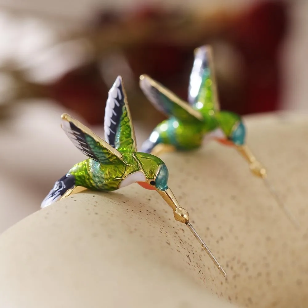 Boho Ethnic Flying Hummingbird Painting Oil Bird Earrings Animal Jewelry Cute Women Female Earrings Wedding Party Earrings Gift