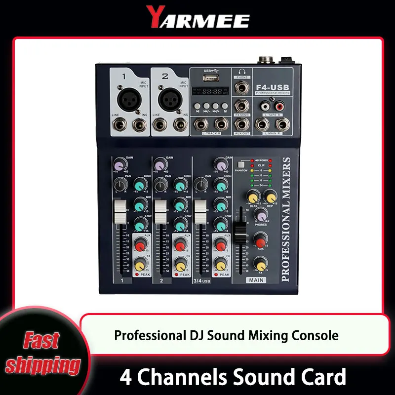

YARMEE Audio Mixer Professional DJ Sound Mixing Console 4 Channels Sound Card For PC Phone Computer Small Party For Live
