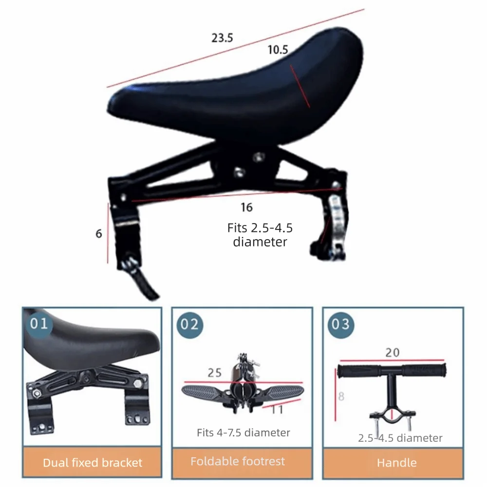Front Mounted Bike Seat with Handlebars Quick Removal Bicycle Unisex Safety Seat Black Easy Install Quick Release Unisex Seat