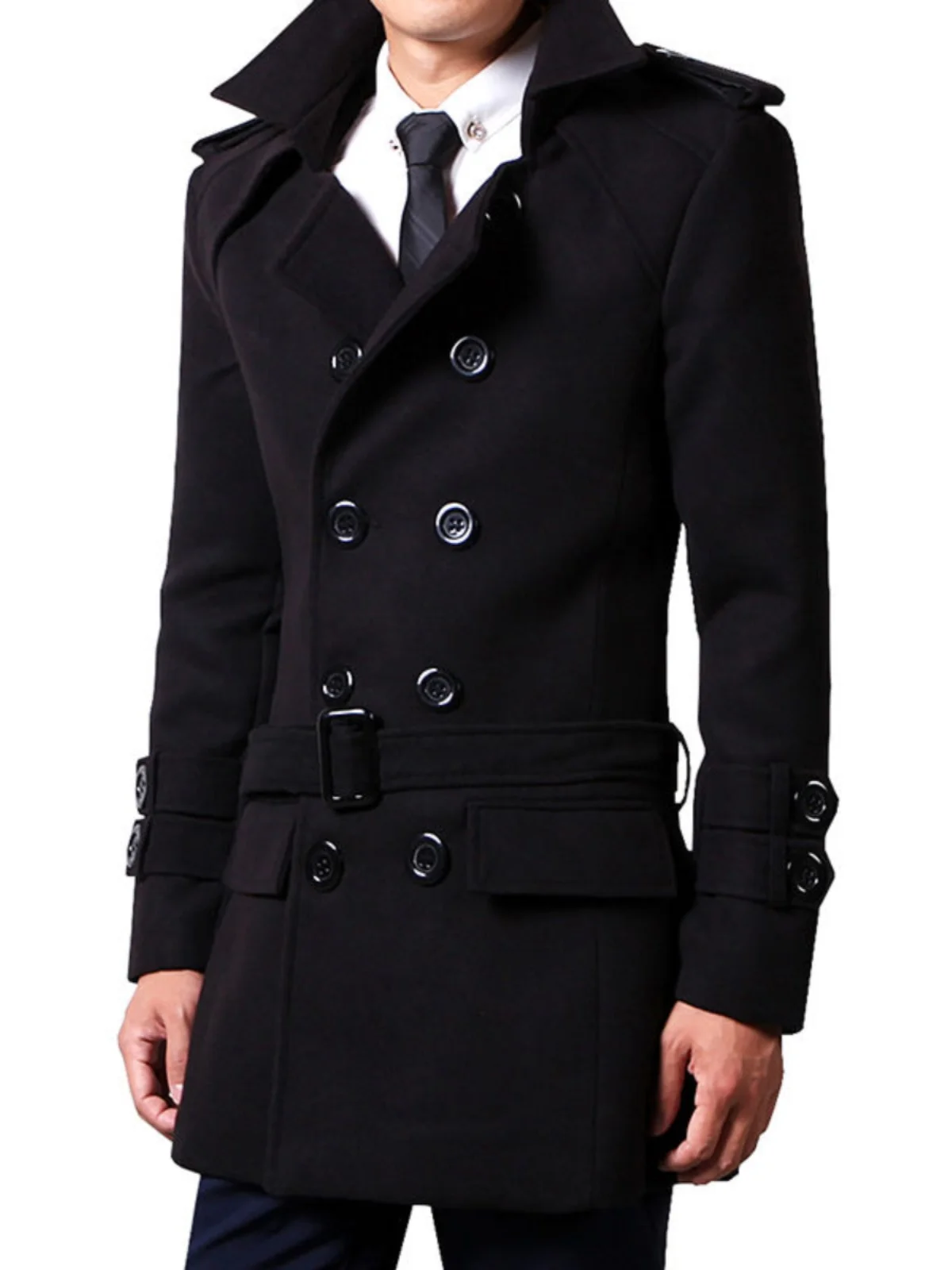 

Men's Winter Woolen Coat Medium Length Double Breasted Youth Sle Slim Fit Thiened Korean Version Windbreaker Outerwear