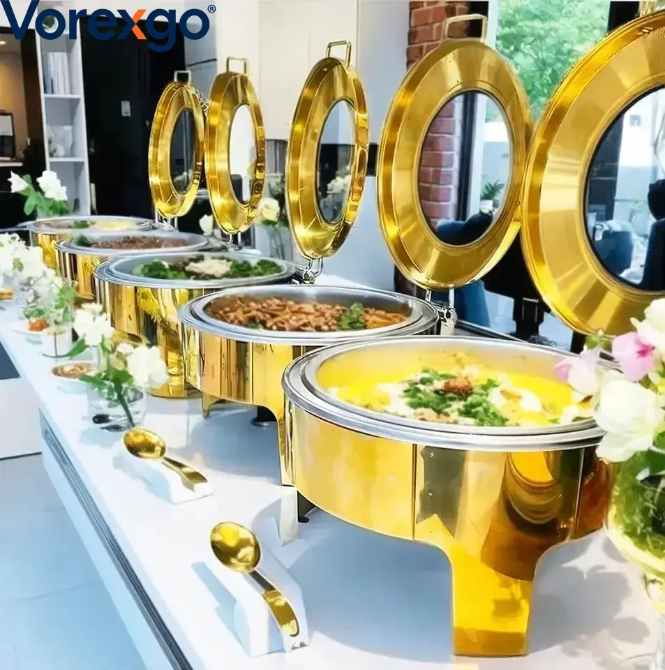 Gold 6L Stainless Steel Round Big Glass Window Royal Modern Luxury Chafing Dish Buffet Warmer & Server Alcohol Fuelled