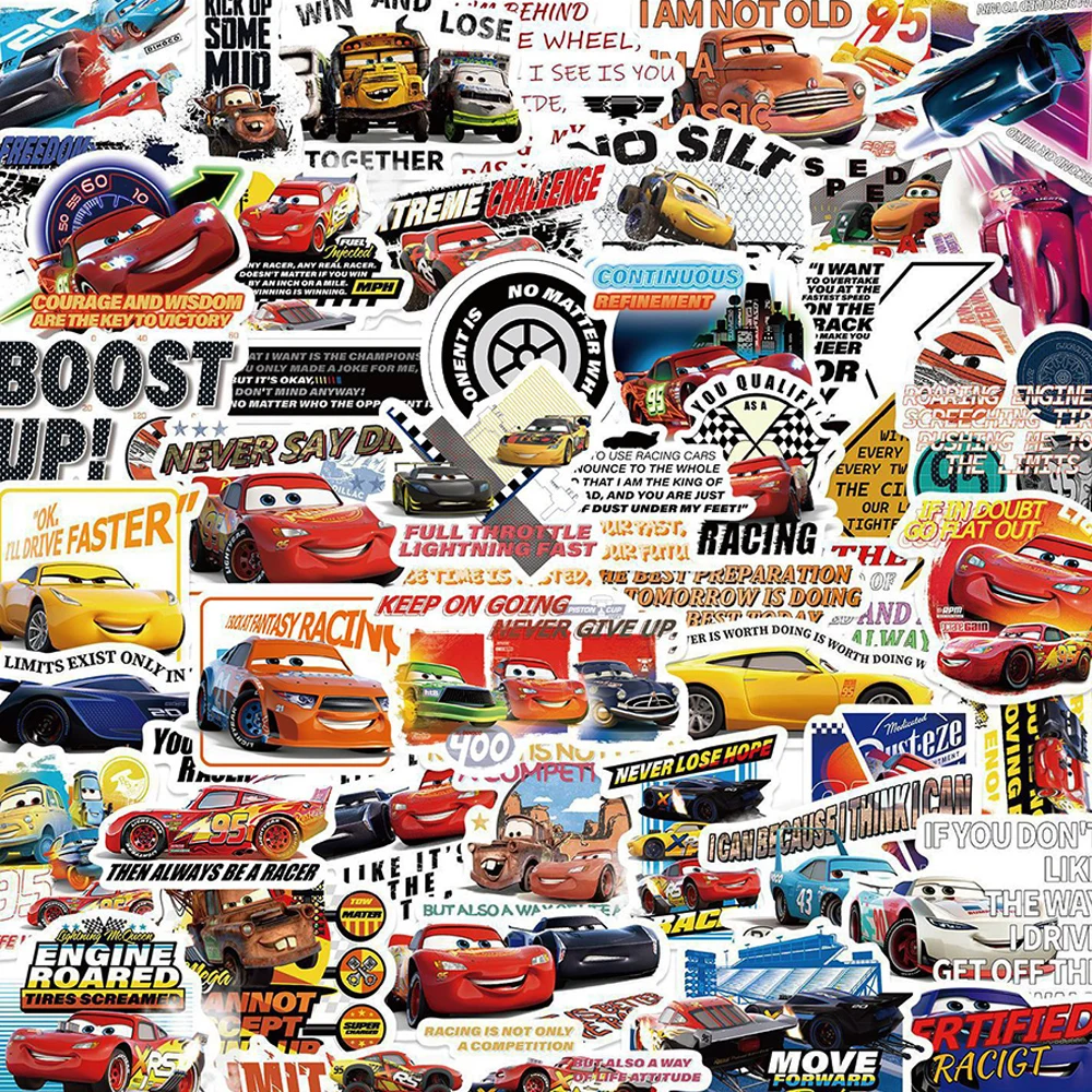 50pcs Classic Disney Anime Cars Stickers Decals DIY Skateboard Phone Luggage Bike Cool Cartoon McQueen Lightning Decals Toy Gift