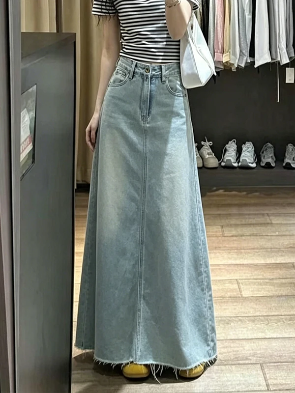 Retro Korean Washed High Waist Denim Skirt Women's Summer New Style Slimming Half-length A-line Skirt with Frayed Hem