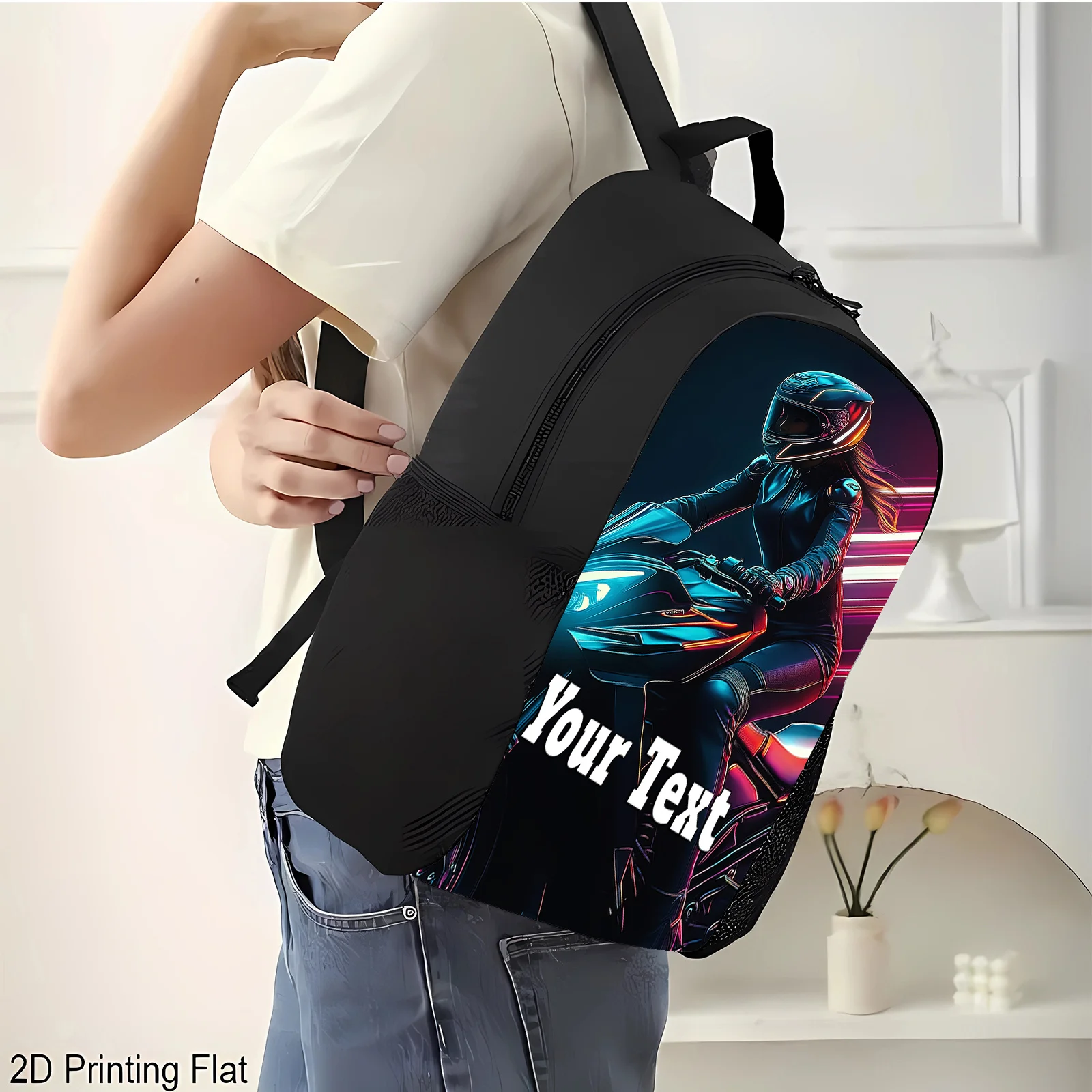 1pc Customizable Cool Female Motorcycle Design Backpack, Casual Style Shoulder Bag, Personalized Add Your Name Text Lightweight