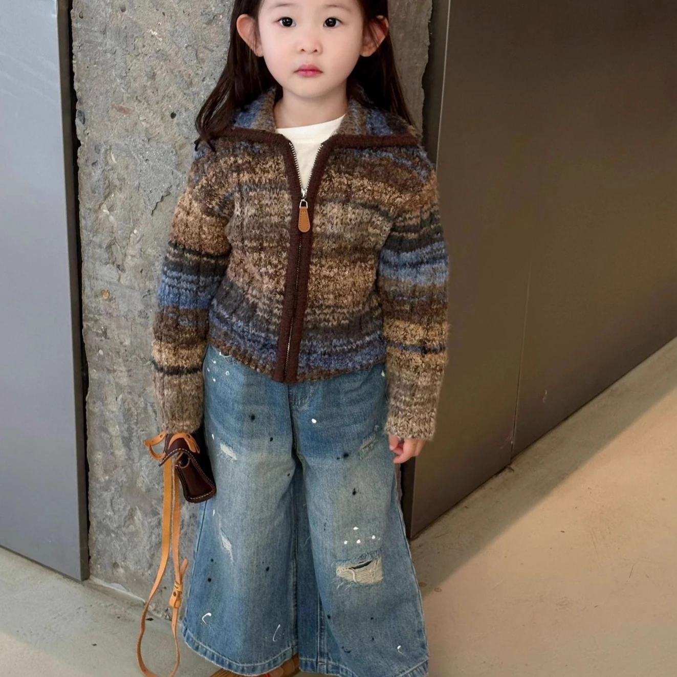 Girls Suit 2025 Autumn Winter New Children's Clothing Korean Wind Girl Baby Sweater Zipper Shirt Jeans Two Sets Casual Daily