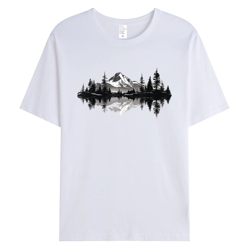Sommer Frühling Neue T-shirt Berg Landschaft Reflexion Wald Bäume Klassische T Shirt Mann Herren 100% Baumwolle Grafik T-Shirts