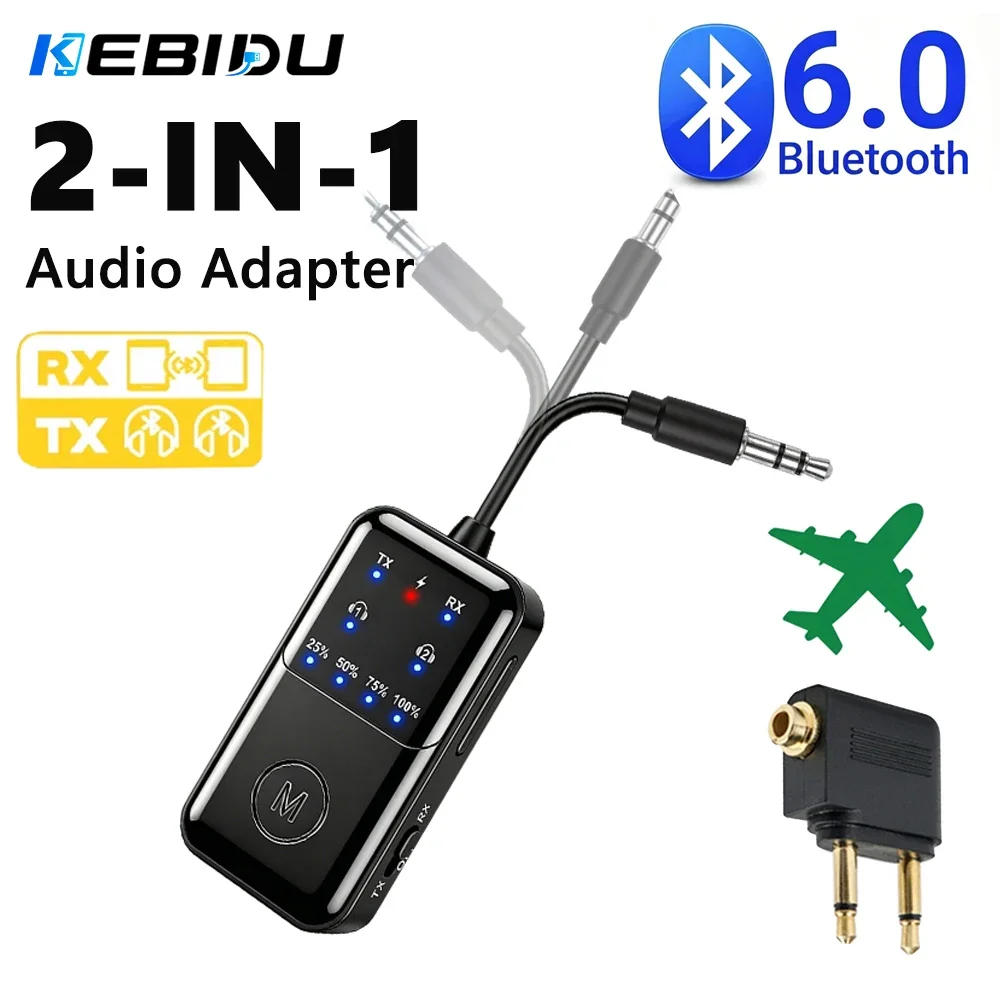 KEBIDU Bluetooth 6.0 Audio Dual Receiver Transmitter 2 in 1 Musik-Wireless-Adapter 3,5 mm AUX HiFi-Stereo-Sound für Auto, Flugzeug
