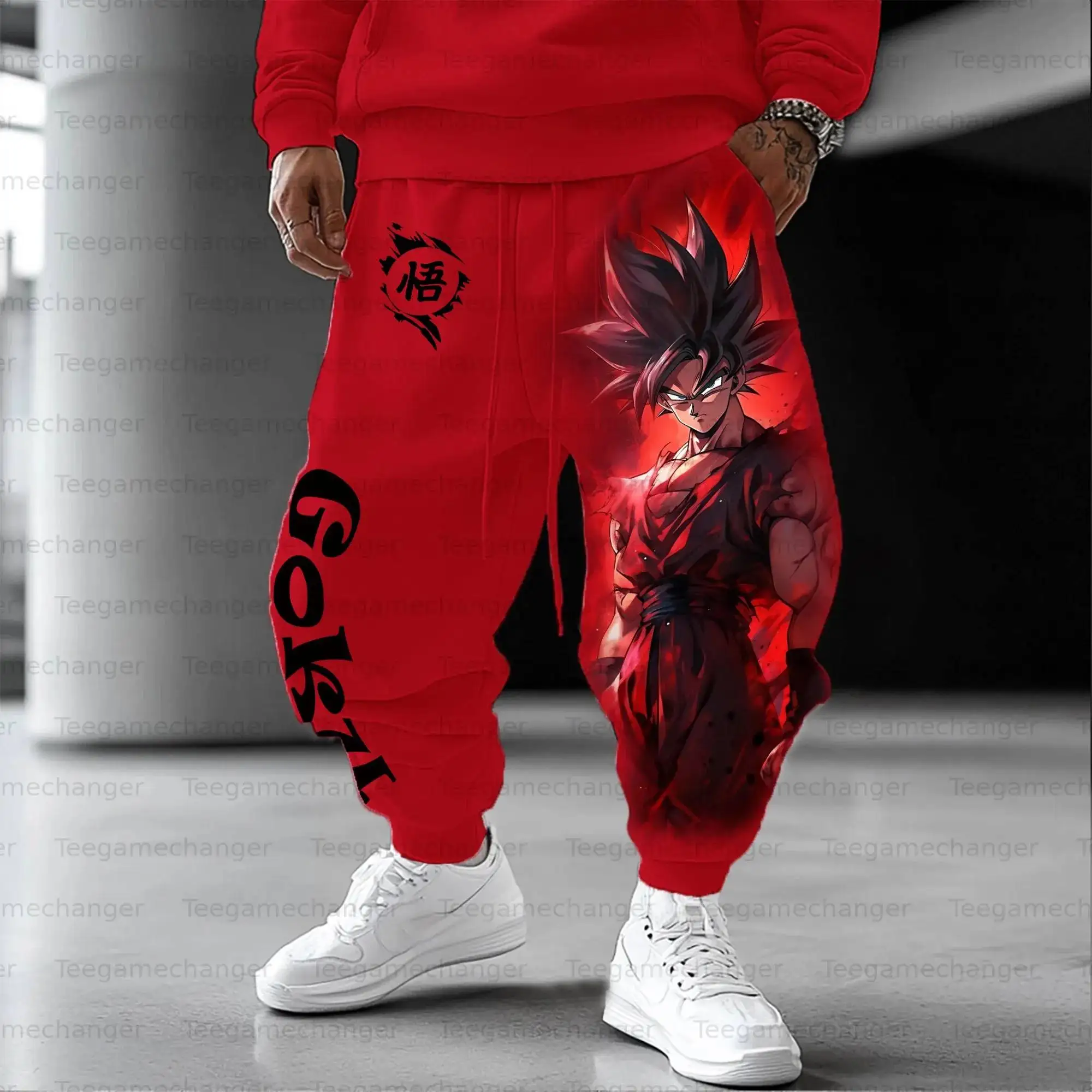 DRAGON BALL Goku Sudadera con capucha roja y pantalones para correr Conjunto para hombres y mujeres Traje de dos piezas con estampado de personajes de anime con diseño negro Wu Kanji