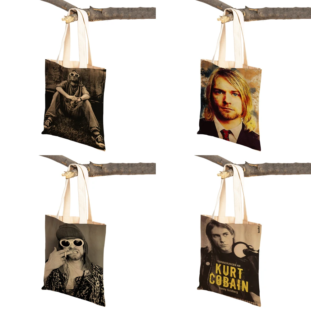 Kurt Cobain Shopping Bags Rock Roll Music Shopper Supermarket Bag Design Women Handbag Eco Portable Convenient Storage Tote