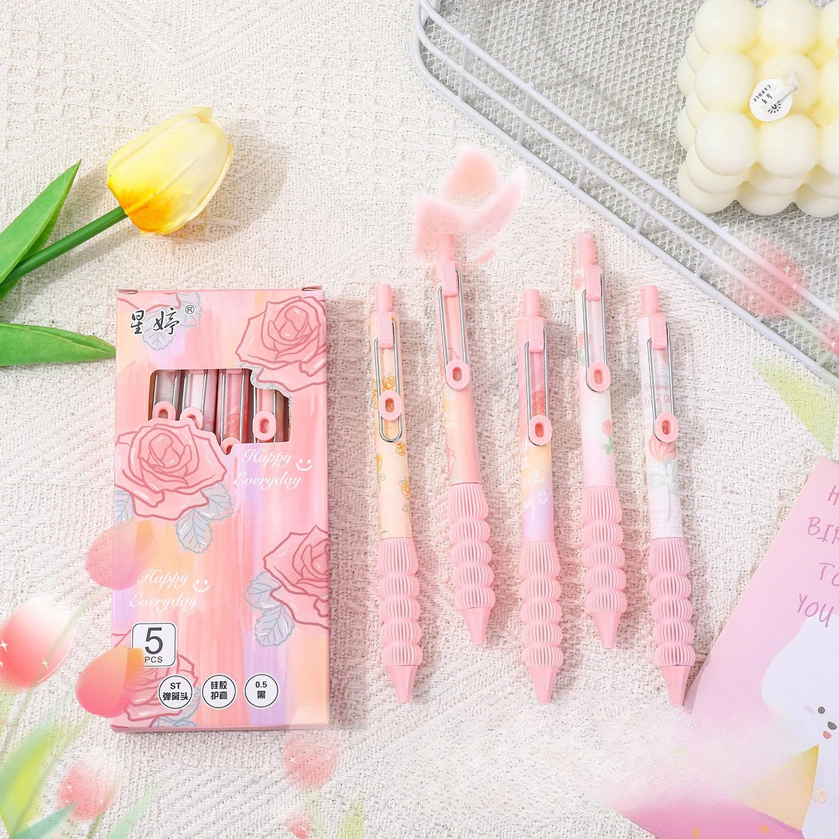 5Pcs Rose Flower Print Gel Pen 0.5mm Black Ink Flower Ballpoint Pens For Writing School Supplies
