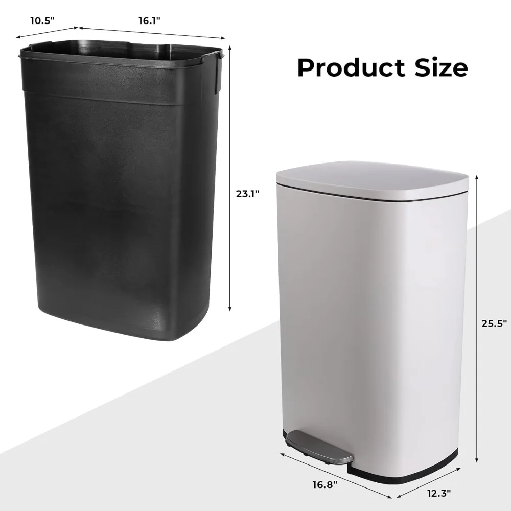 13.2 Gallon Step Trash Can, Stainless Steel Garbage Bin, Soft-Close Rubbish Bin with Removable Plastic Inner Bucket, Finge