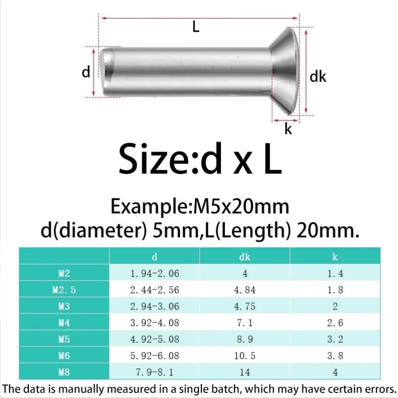 M2 M2.5 M3 M4 M5 M6 M8 Solid 304 A2-70 Stainless Steel Flat Head Countersunk Head Percussion Punch Self-plugging Rivet GB869
