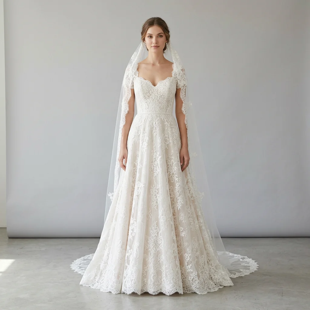 Sweetheart Neck Cap Sleeve Lace A Line Wedding Dress Full Lace Chapel Train Classic Bridal Gown