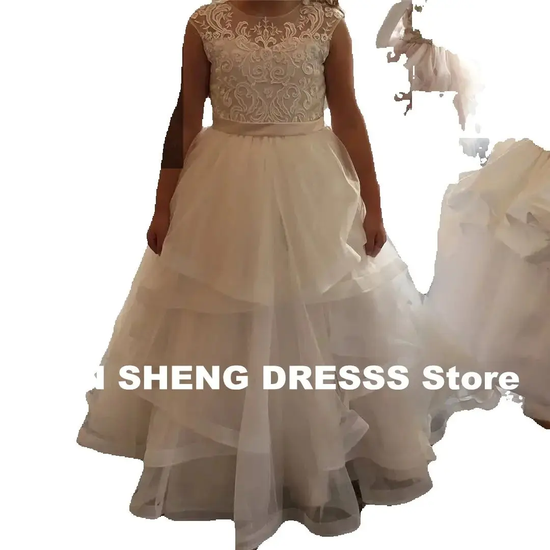 Customized Ivory Flower Girl Dresses Pageant Gown for Wedding Long Lace Appliques Ruffles Birthday Party First Communion Gowns