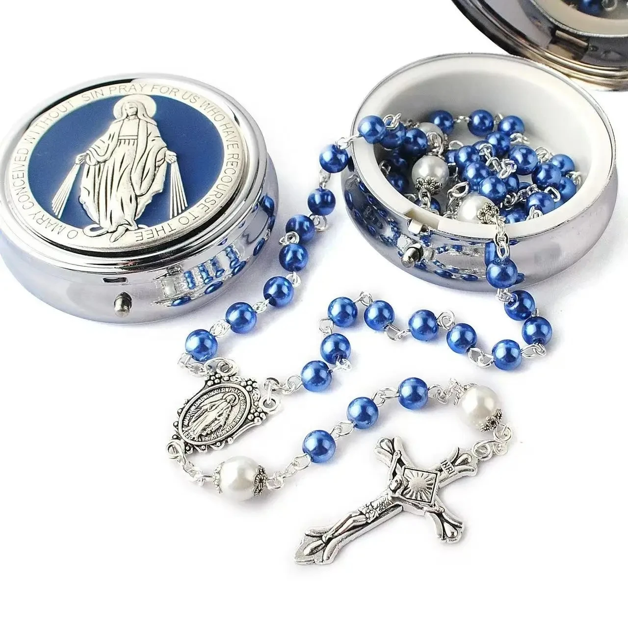 1 Piece Multi-Color Imitation Pearl Madonna Cross Necklace Handmade Curved Needle Holy Communion Baptism Prayer Belt Box Set