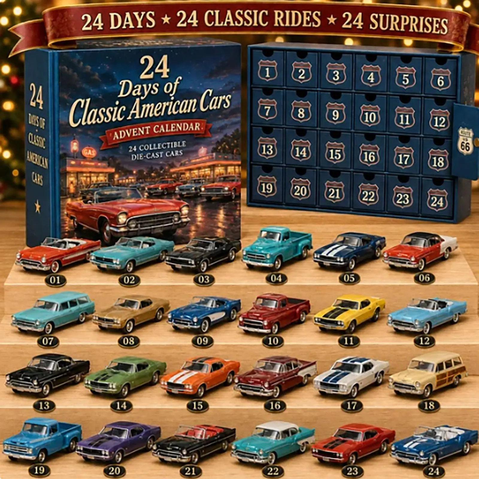 24 Days Of Classic American Cars Advent Calendar,2026 Christmas Countdown with 24 Vintage Ride Collectible Die-Cast Cars
