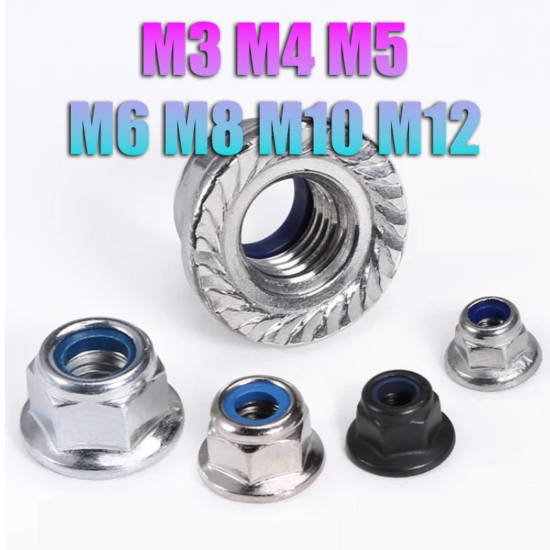 2~50pcs Flange Nylon Insert Lock Nuts M3 M4 M5 M6 M8 M10 M12 stainless steel/carbon steel Self-locking Nylock Locknut DIN6926