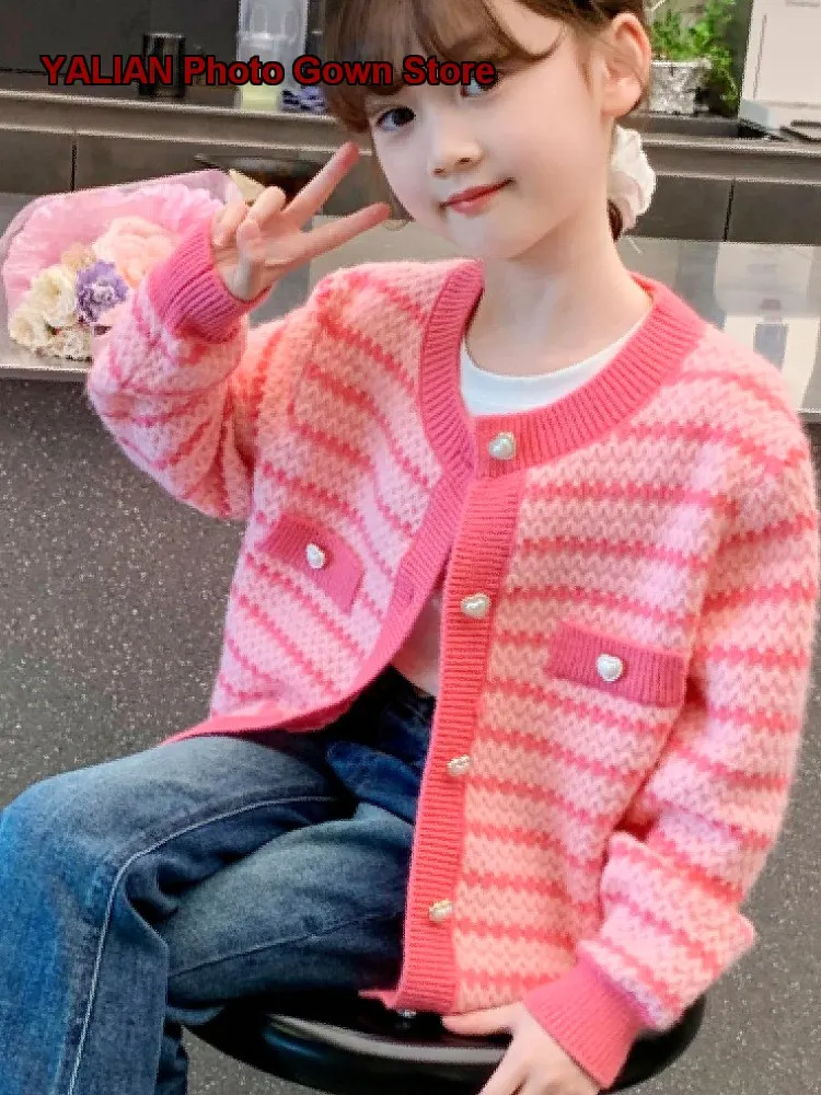 Girls Autumn Clothing 2026 Fashionable Spring Autumn Striped Knit Top Cardigan Kids