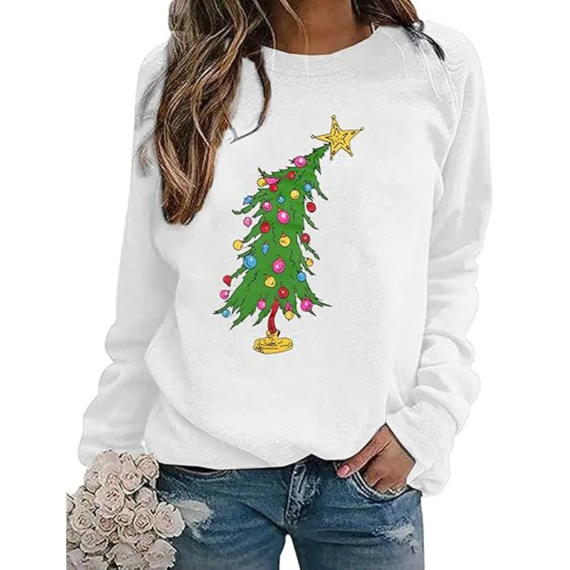 Christmas Sweatshirts for Women Cute Christmas Tree Graphic Long Sleeve Shirt Xmas Holiday Party Pullover Blouses Novelty Gift