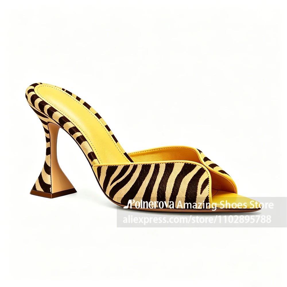 Black and Yellow Stripe Faux Pony Hair Mules Pointed Open Toe Flared Sculptural Heel Slippers Backless Slide Sandals for Summer