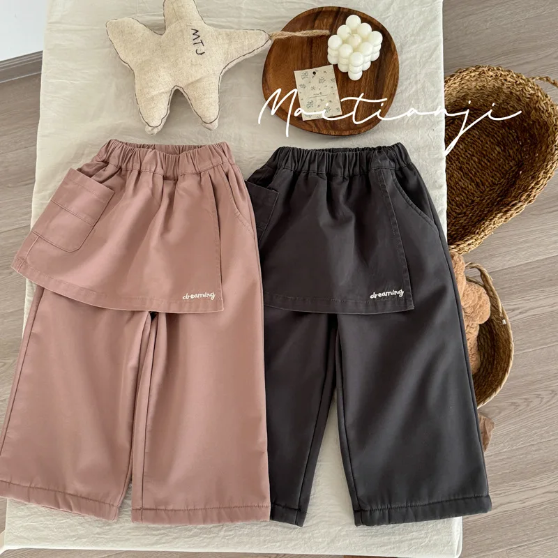 Girls Pants 2024 Winter Childrens Wear Korean Style Girl Baby Fashion Plus Fleece Farts Curtain Wide Leg Pants Casual Simple