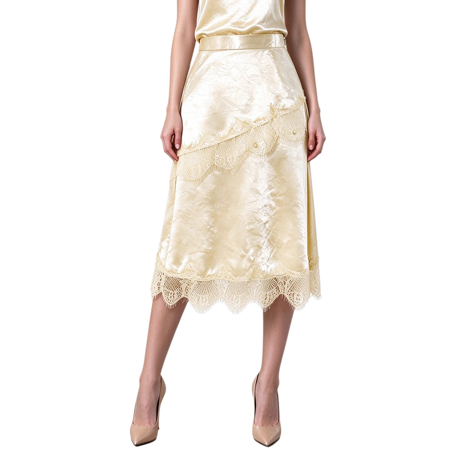 Women Elegant Lace Trim Satin Skirt Glossy Casual Zipper Back Split Skirts for Daily Life Cocktail Party Office Work