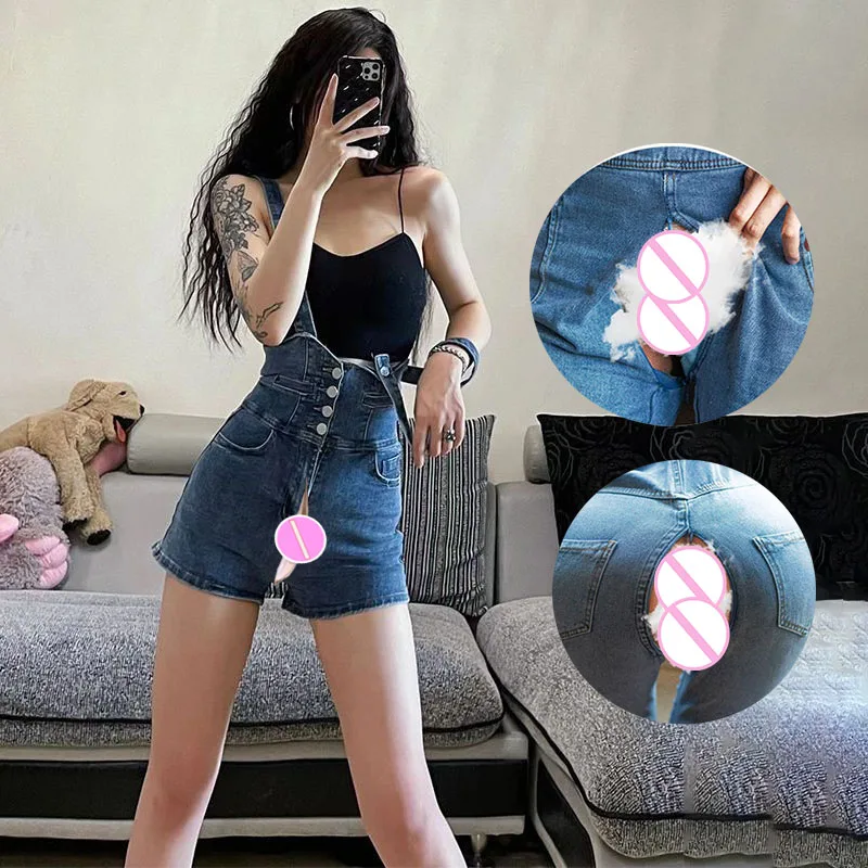 Invisible Open Crotch Outdoor Sex Pants Women‘s Jeans Overalls Vintage Sleeveless Rompers Adjustable Strap Casual Short Jumpsuit