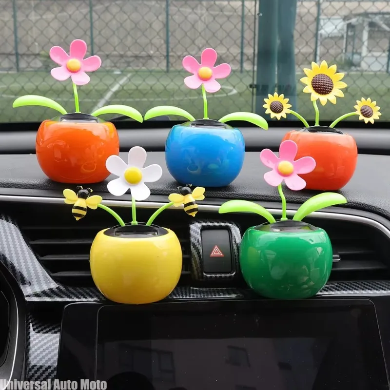 Car Ornament Solar Powered Dancing Shaking Head Cartoon Sun Flower Pot Automobile Auto Dashboard Decoration Cute Car Accessories