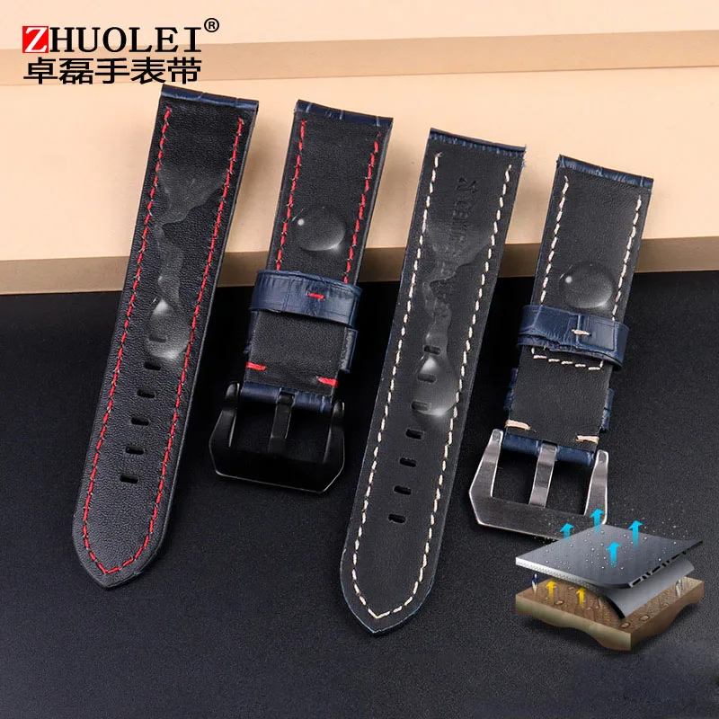 For Panerai1085/1313/111 Leather Watch Strap 22mm 24mm blue man Crocodile grain Watch Band Grind arenaceous cowhide Accessories