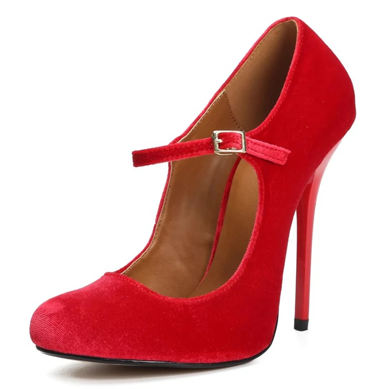 السوبر عالية مشرق الأحمر المخملية مضخات 13 سنتيمتر رقيقة الكعوب الكاحل حزام جولة تو امرأة ليوبارد الجلد المدبوغ T-مرحلة نادي أحذية عالية الكعب #5