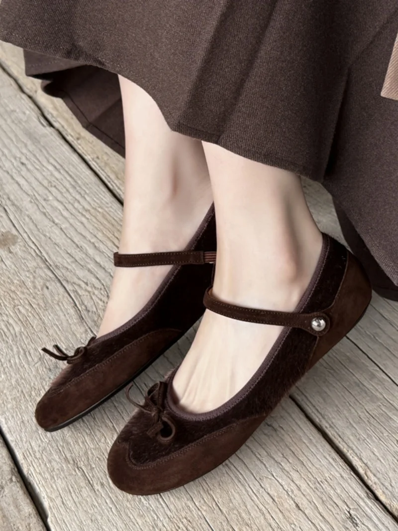 Women's Beige Suede Mary Jane Flats Bow Scallop Detail Design Sweet Round Toe T-Strap Casual Office Ladies Spring Single Shoes