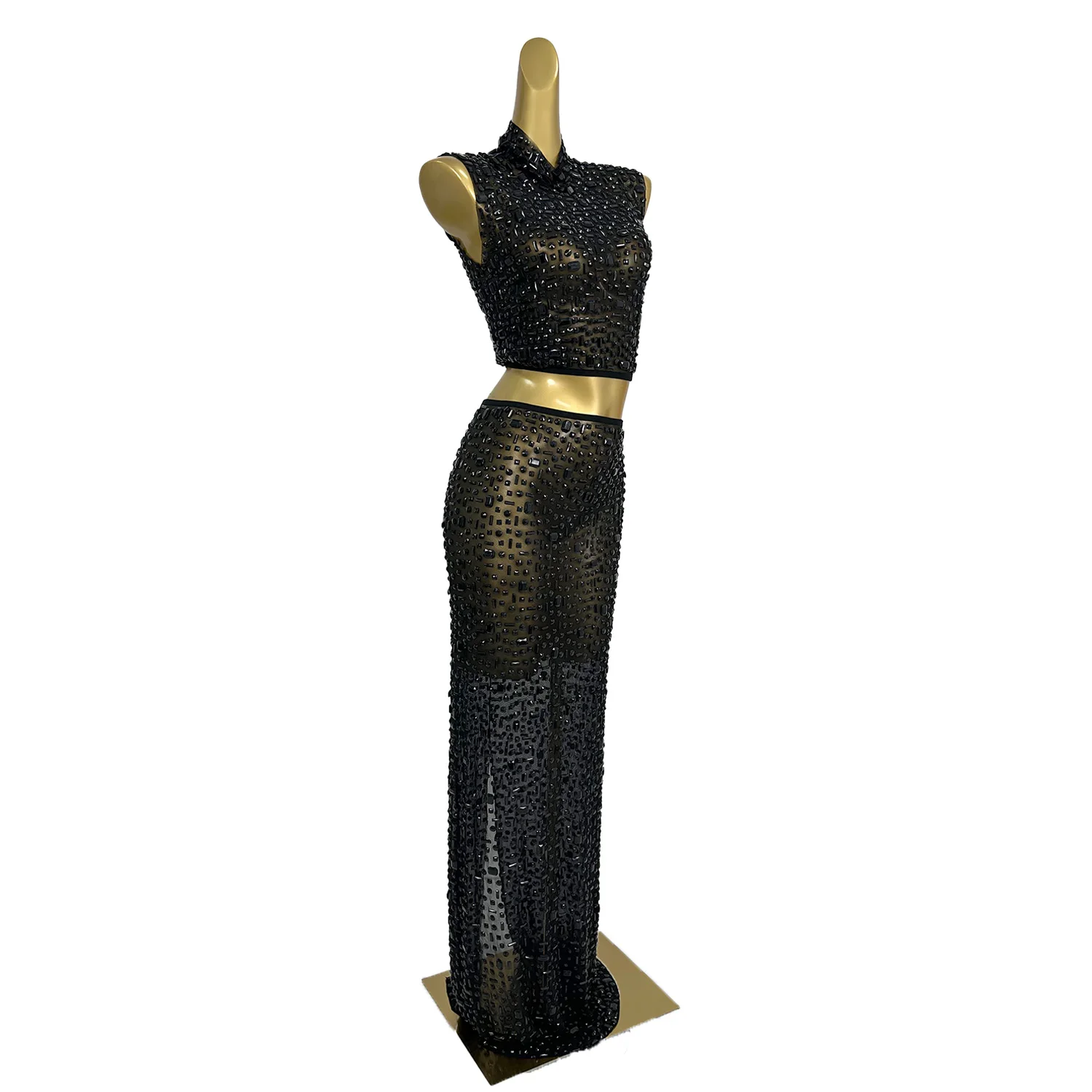 Sparkly Black Diamonds Crop Top Long Skirt 2 Pieces Set Sexy Celebrate Evening Prom Birthday Dress Photo Shoot Wear Gesebei