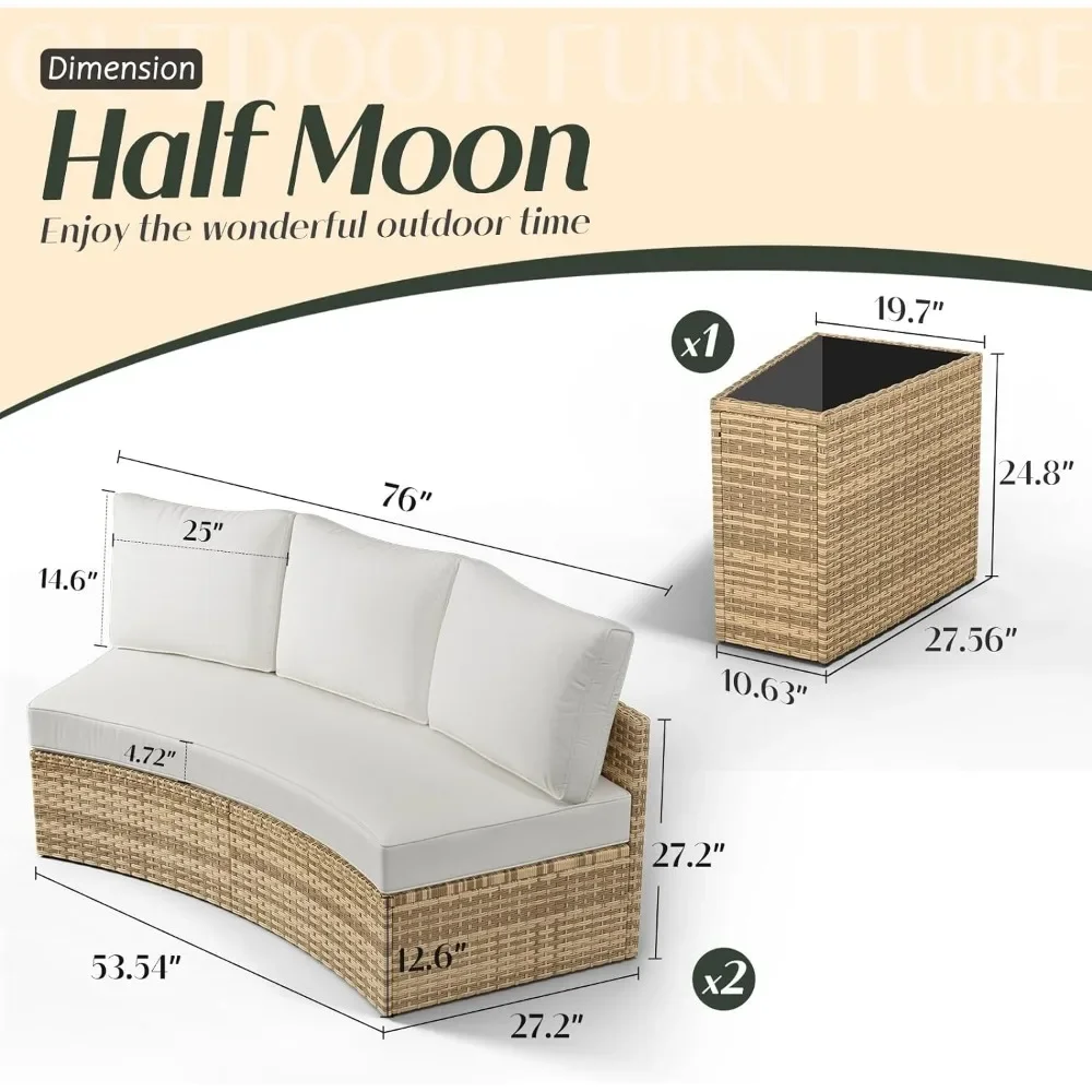 Patio Conversation Set, 7 Piece Half-Moon Sectional Round Patio Furniture Set, with Large Storage Wedge Table Wicker Sofa Set