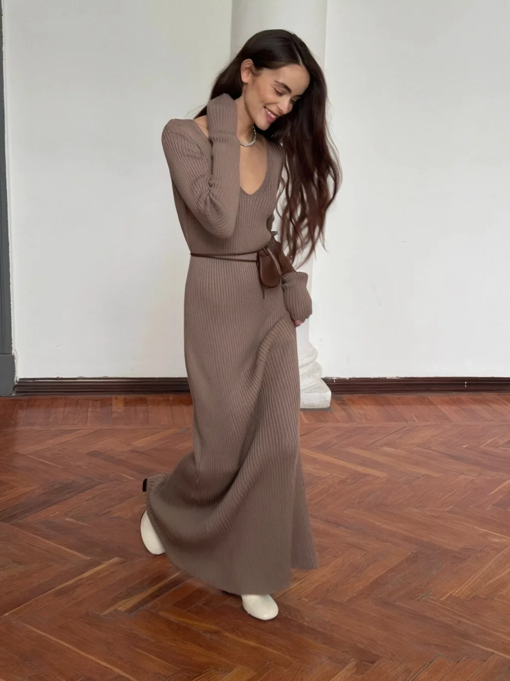 Women's New Solid Color Long Sleeve V-neck Slim Bodycon Knitted Maxi Dress Trendy Elegant Fashion Dresses