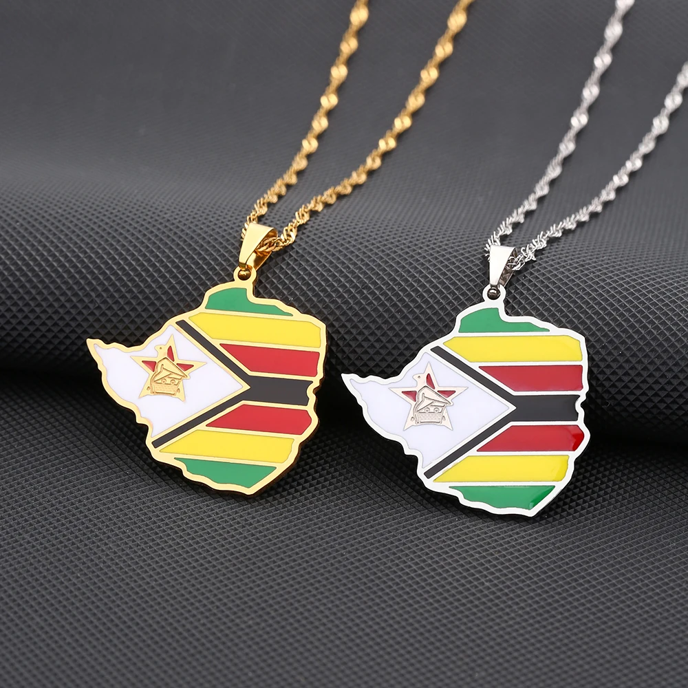 

New Enamel Drop Oil Zimbabwe Map Flag Pendant Necklace For Women Girls Stainless Steel Zimbabweans Jewelry Ethnic Party Gifts