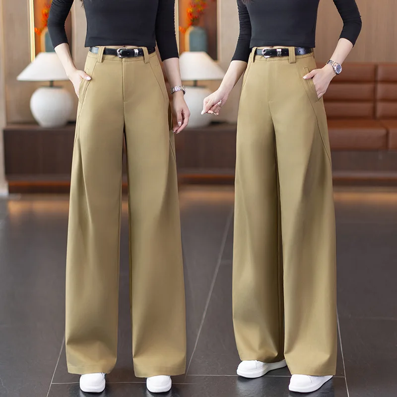 

Повседневные женские брюки цвета хаки, новый весенне-осенний дизайн, высокая талия, свободные узкие широкие брюки, прямые брюки для похудения