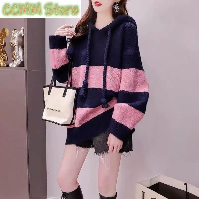

Fashion Hooded Knitted Spliced All-match Korean Striped Sweater Female Clothing Autumn New Casual Pullovers Loose Warm Tops