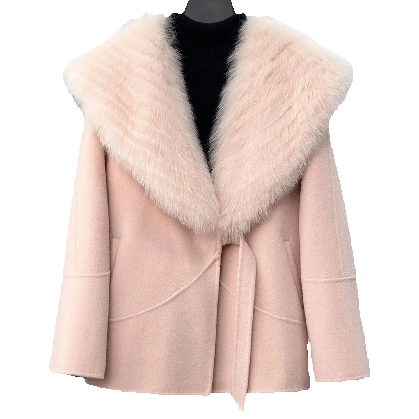 Detachable fox fur collar double-sided wool coat, new style of double-sided cashmere wool coat for women in autumn and winter 20