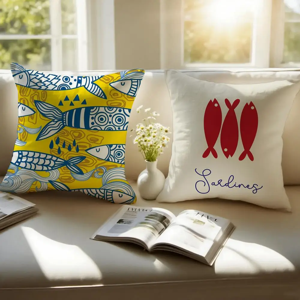 Cute Coastal Charm Sardines Art Design Cushion Cover Pillowcase Anti-dustmite Invisible Zipper Short Plush Sofa Cushion - view 2