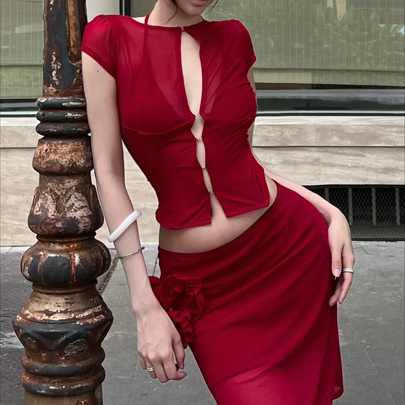 

OMSJ Women Mesh O Neck Short Sleeves Hollow Out Perspective Sexy Spicy Girls Casual Fashion Irregular Tees Tops Party Streetwear