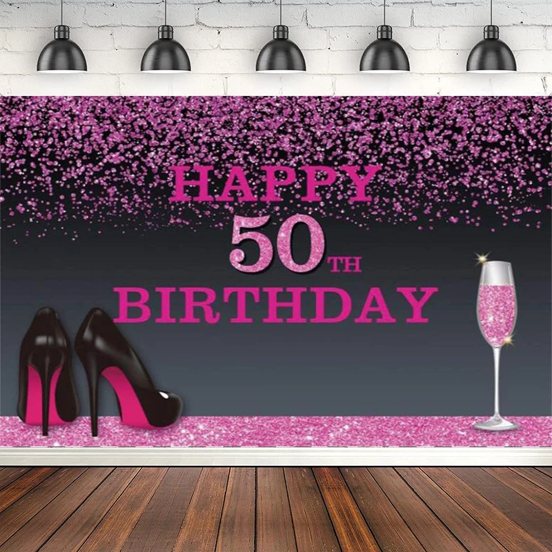 Photography Word - 写真撮影用背景幕 50歳の誕生日パーティー 女性 素晴らしい5歳の誕生日 ワードクラウド 赤いハイヒール柄