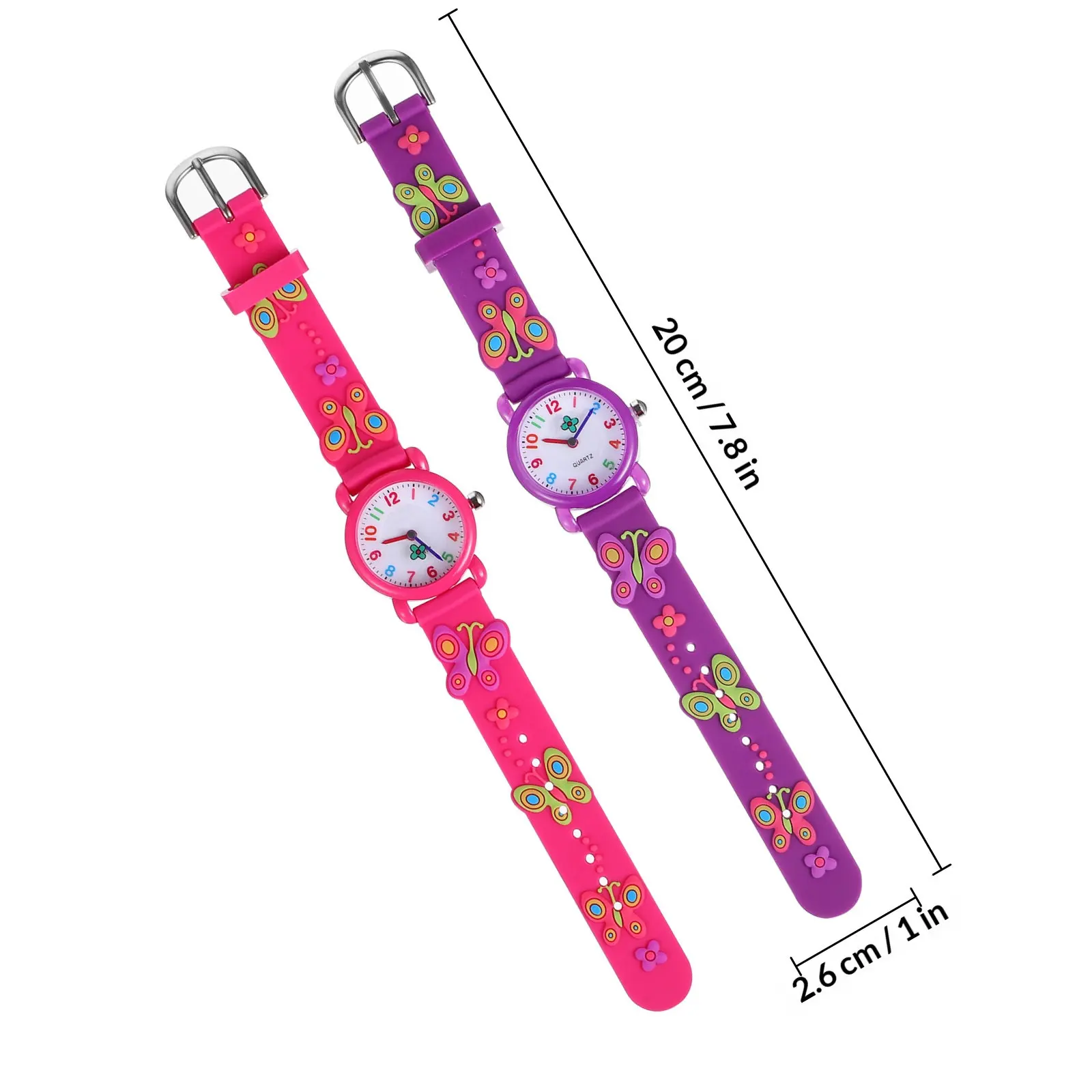 2Pcs Cartoon Waterproof Kids Watches with 3D Butterflies Bright Arabic Numerals Round Dial Adjustable for Boys