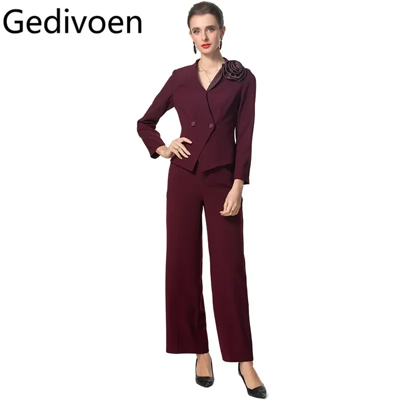 

Gedivoen Women's Elegant Commuter Purple/Black Suit Long Sleeved V-Neck Appliques Double-Breasted Top+Straight pant 2 piece set