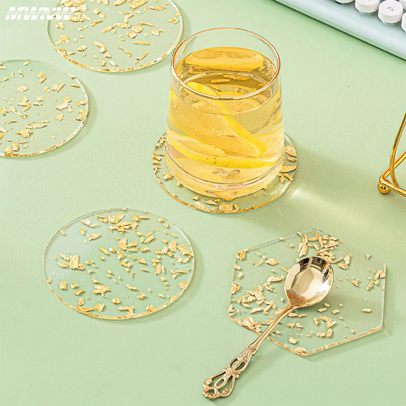 

Round Resin Acrylic Gold Foil Coaster Cup Disk Coasters Drinks Insulated Coaster Coffee Table Kitchen Home Decor Accessories