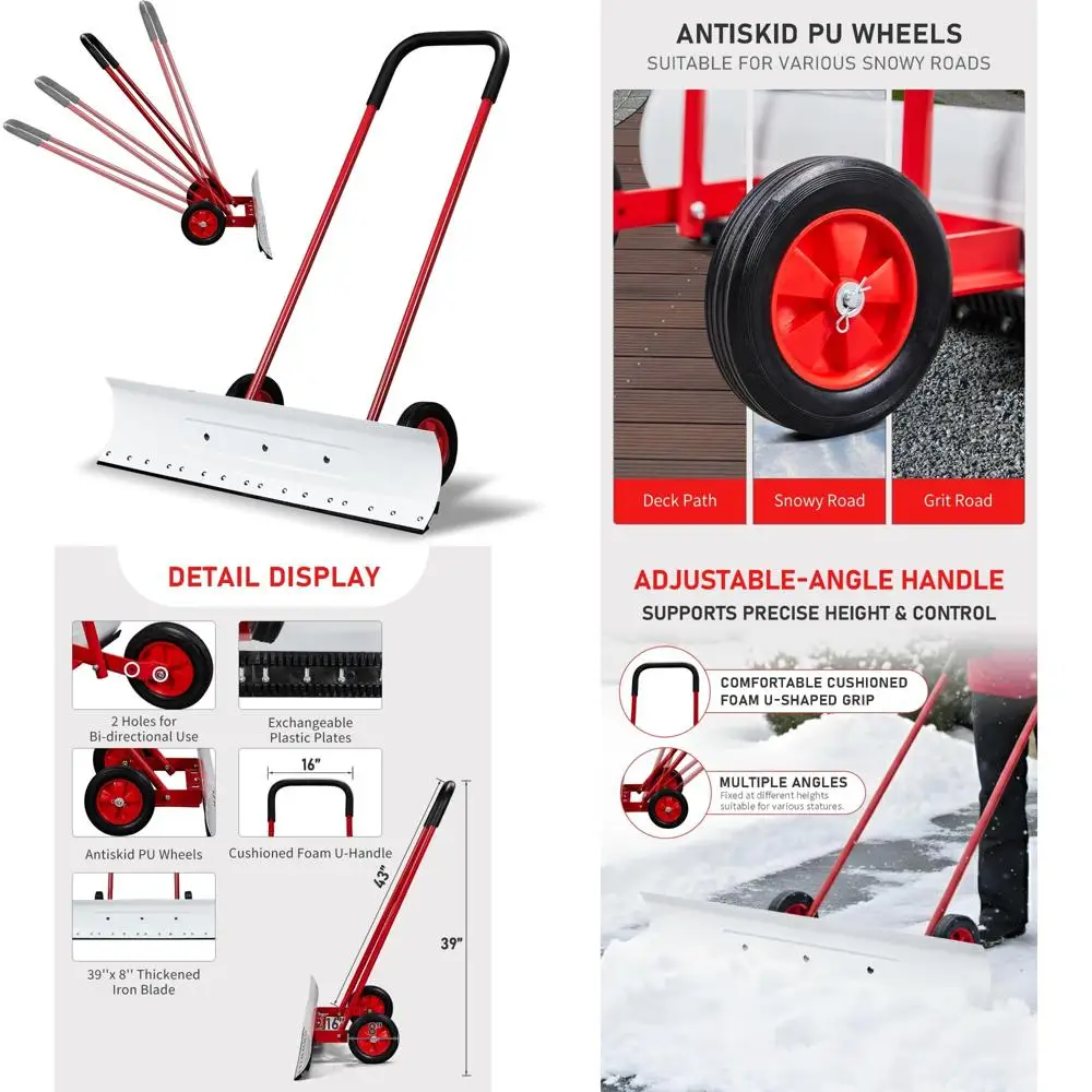 

Bi-Directional Wheeled Snow Plow Removal - 39-inch Pusher Shovel for Driveway and Sidewalks with Angled Blades